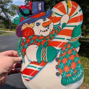 Old & 1980s Snowman with Candy Cane  Sign - Vintage Party and Holiday Decor Die Cut - Double Sided