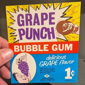 Letrero de precio de máquina expendedora de chicles Grape Punch de la década de 1970 - Cartón - Máquina expendedora vintage original - Productos de masticación estadounidenses