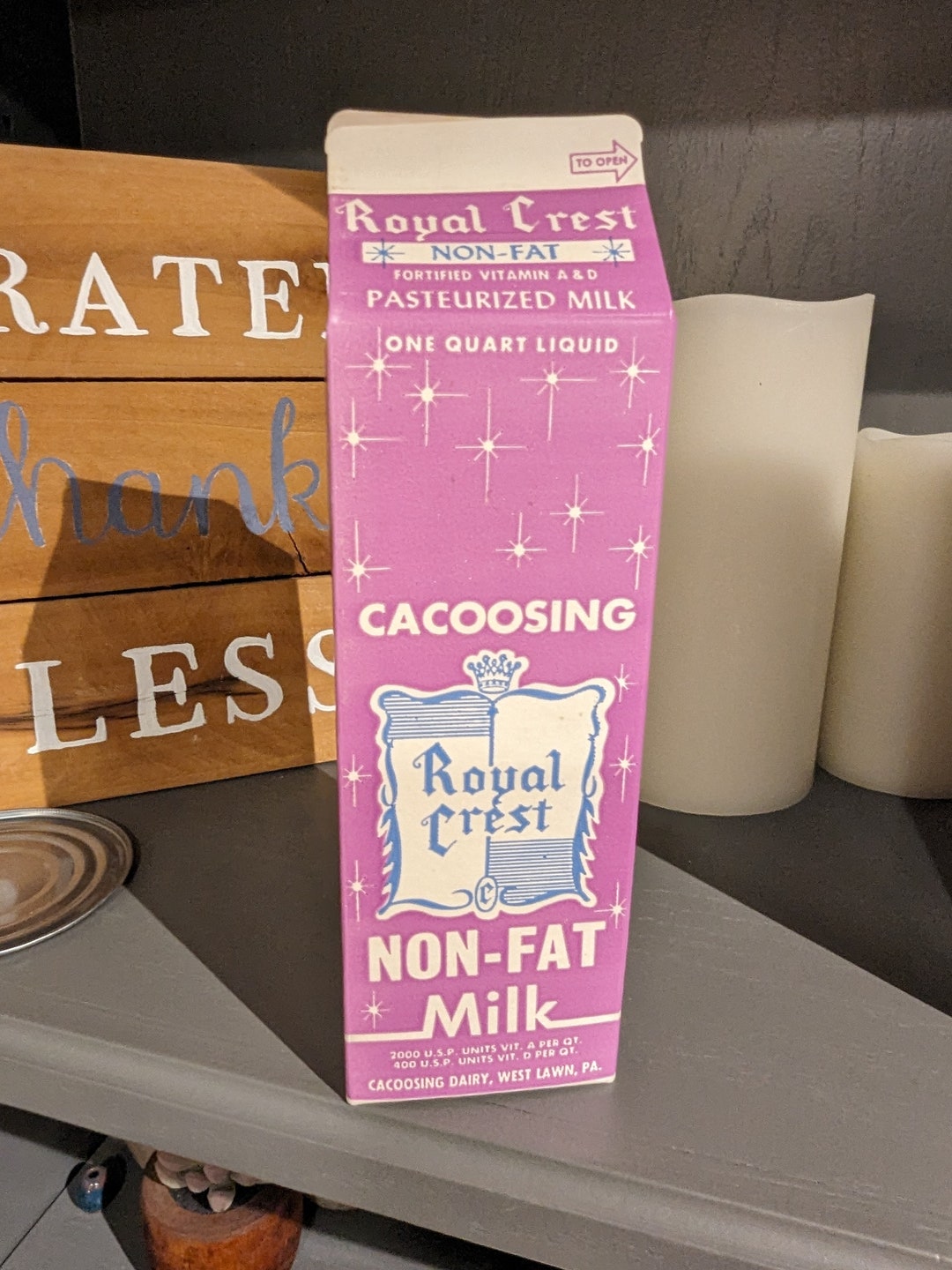 NOS 1960's Royal Crest Milk Cacoosing Dairy Company Milk Carton or