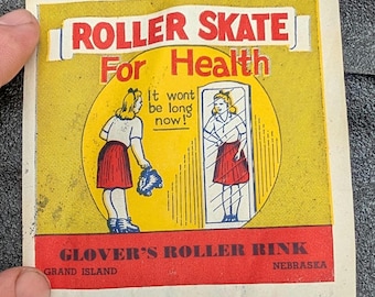 Calcomanía usada de la pista de patinaje Glover's Roller Rink, Grand Island, Nebraska, década de 1940 - Antigua y original - Calcomanía vintage para viajes o maletas