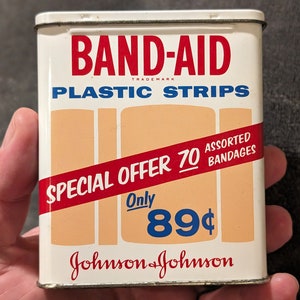 Original Vintage 1960er Jahre Pflaster Kunststoff Streifen Bandaids Dose - leer Johnson & Johnson