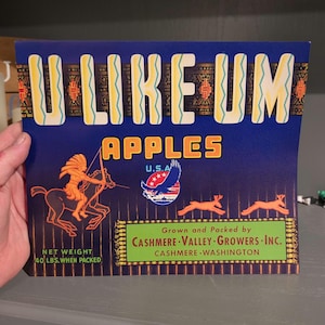 May include: Vintage apple crate label with the text "U LIKE UM APPLES" in yellow and white on a navy blue background. Features an illustration of a Native American on horseback, a U.S.A. eagle emblem, and running deer. Net weight: 40 lbs.