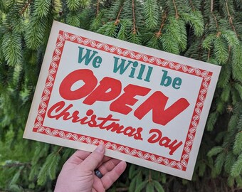 Original 1940's 50's Open Christmas Day Sign Card Christmas Holiday Store Display Sign