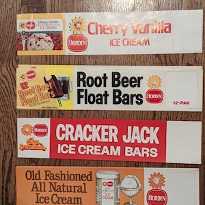 Letreros de papel para fuente de soda de helados Borden's Dairy de los años 70 CHOICE: carteles con letreros de precios de 18" - Cereza, vainilla y cerveza de raíz