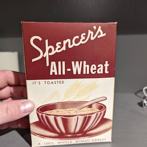 NOS 1930&#39;s 1940s Spencer&#39;s All Wheat Breakfast Cereal Box  Deco - Old & Original -