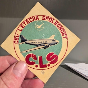 Etichetta gommata della compagnia aerea CSL Letecka Spolecnost Airlines della Cecoslovacchia degli anni '40 - Vecchia e originale - Decalcomania vintage da viaggio o valigia