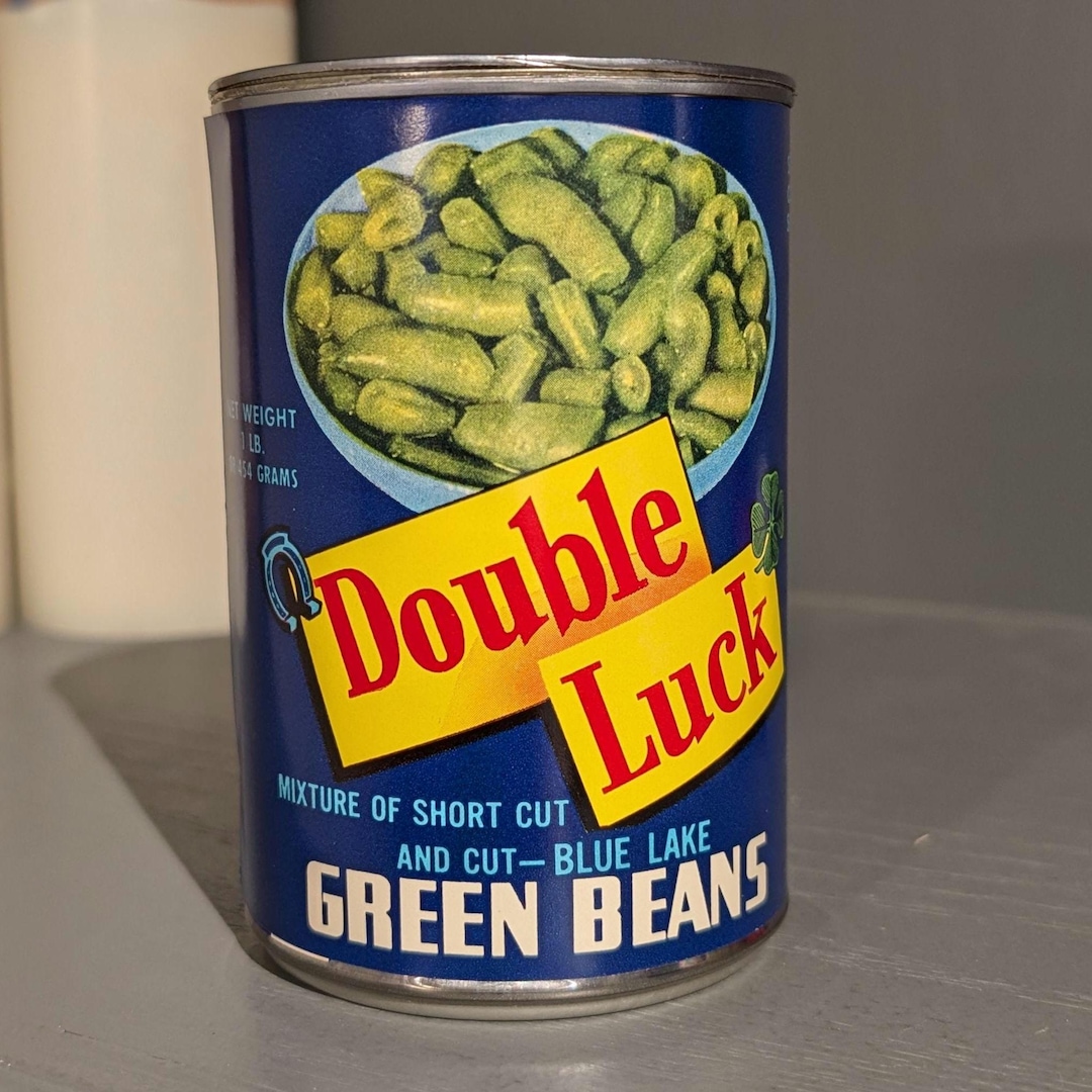 り　Bean+luck-500（値引き) 2個 1960's Double Luck Green Beans Can Label on Can Original Vintage