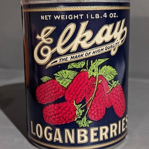 1920&#39;s Elkay Loganberries can label on can Original Vintage