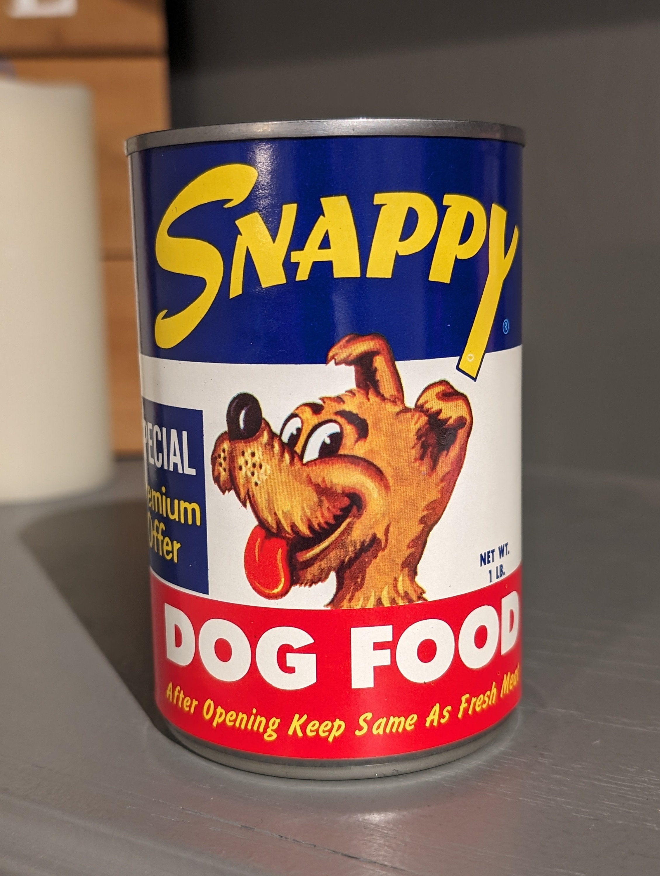 1960s Snappy Dog Food Can Label on Can Foster Canning, Napoleon