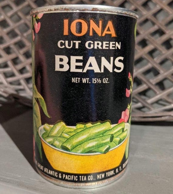1940's A&P IONA Brand Green Beans Great Atlantic Pacific Filling