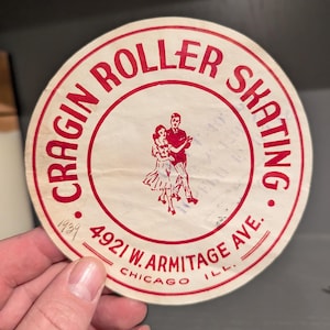 Adesivo gommato per pista di pattinaggio a rotelle Cragin degli anni '40 - Vecchio e originale - Adesivo vintage da viaggio o valigia Chicago Illinois