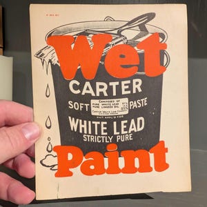 Cartello originale in cartone Carter White Lead Paints Wet Paint degli anni '30 - Vintage