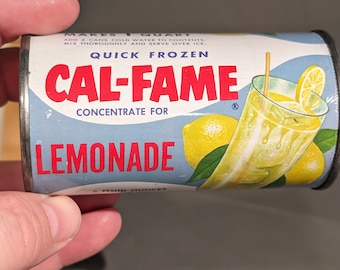 Boîte de jus de limonade Cal-Fame originale des années 60 et 70 - Concentré de métal vide - Paramount Citrus San Fernando, CA