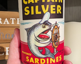 Vintage 1960s Captain Silver Sardines old can label on can - Monterey, California
