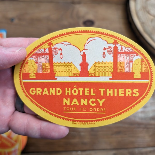 1950's Grand Hotel Thiers Nancy Gummed Label - Old & Original -  Vintage Travel or Suitcase Decal - France