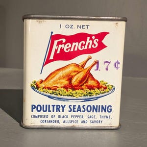 1940s Old & Original French&#39;s Metal Spice Tin - Vintage Kitchen Tin Poultry Seasoning
