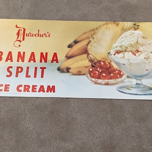 1960&#39;s Original Vintage Durocher&#39;s Banana Split Ice Cream Soda Ice Cream Poster Sign - Old Soda Fountain