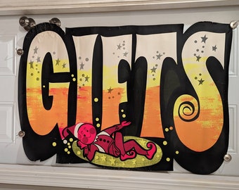 Original 1960s  Large Christmas Gifts Die Cut Vintage Sign Poster - MCM Elf