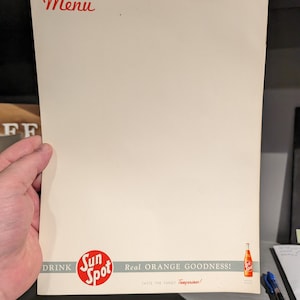 Arkusz menu specjalnych napojów gazowanych Sun Spot Orange Soda z lat 40. XX wieku, papier firmowy - NOS - oryginalny rocznik