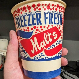 NOS 1960's Freezer Fresh Malts Shakes Waxed Paper Cup - Old & Original Ice Cream Soda Cup - 16 ounce cup