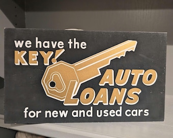 Original 1960s Key Auto Loans Vintage Bank Sign - Thick Crescent Board Silkscreen Sign