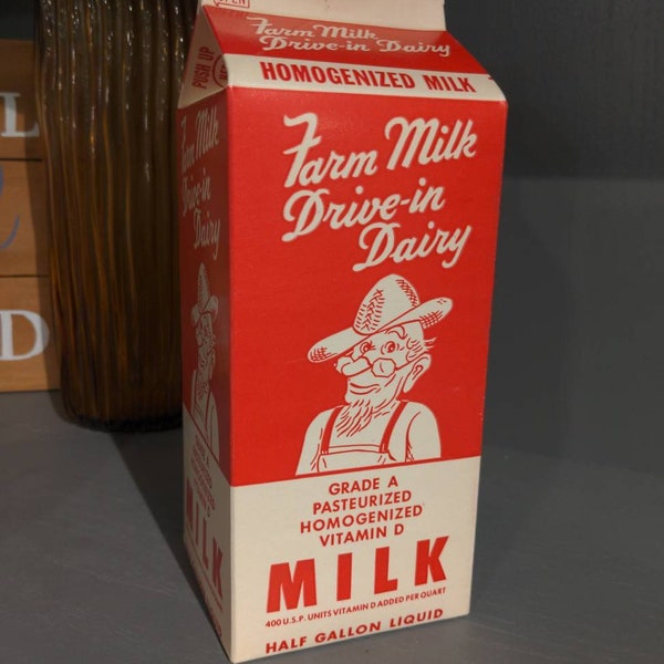 NOS 1960's Farm Milk Drive-In Dairy Milk Waxed Milk Carton or Container Half Gallon Size Salinas, California