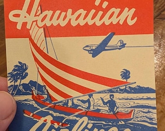 Etiqueta engomada de Hawaiian Airlines de la década de 1950 - Antigua y original - Calcomanía vintage para viajes o maletas