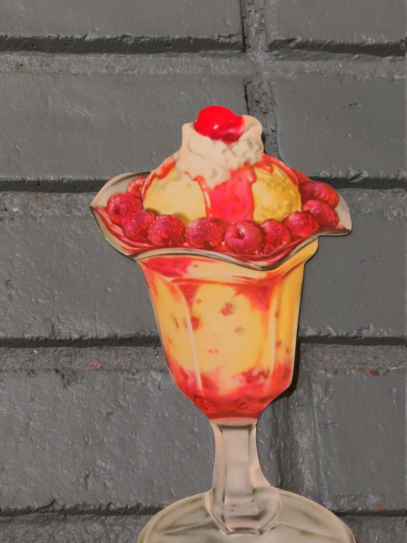 1940's Fresh Raspberry Ice Cream Sundae Poster - Die Cut Soda Fountain ...