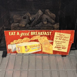 1940&#39;s Freihofer&#39;s Sunny Boy Bread  Original Grocery Store Cardboard Sign - Old & Original Kitchen Sign Golden Toast!!