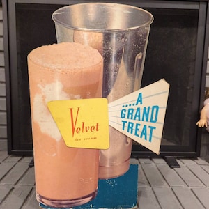 Large Vintage 1940&#39;s Velvet Ice Cream Chocolate Malt - Die Cut Soda Easelback Sign - Old.