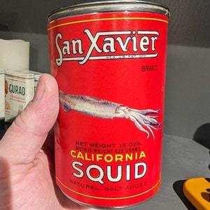 Rótulo de lata antiga de San Xavier California Squid da década de 1940 - San Francisco Funsten Company