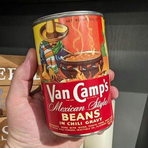 1960&#39;s Van Camp&#39;s Mexican Style Beans   can label on can -  Original Vintage - Stokley-Van Camp Inc. Indianapolis