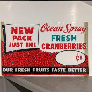 Vintage NOS 1950er Jahre Ocean Spray Fresh Cranberries Preis Poster Schild - Klares Pergamin Stick Schild