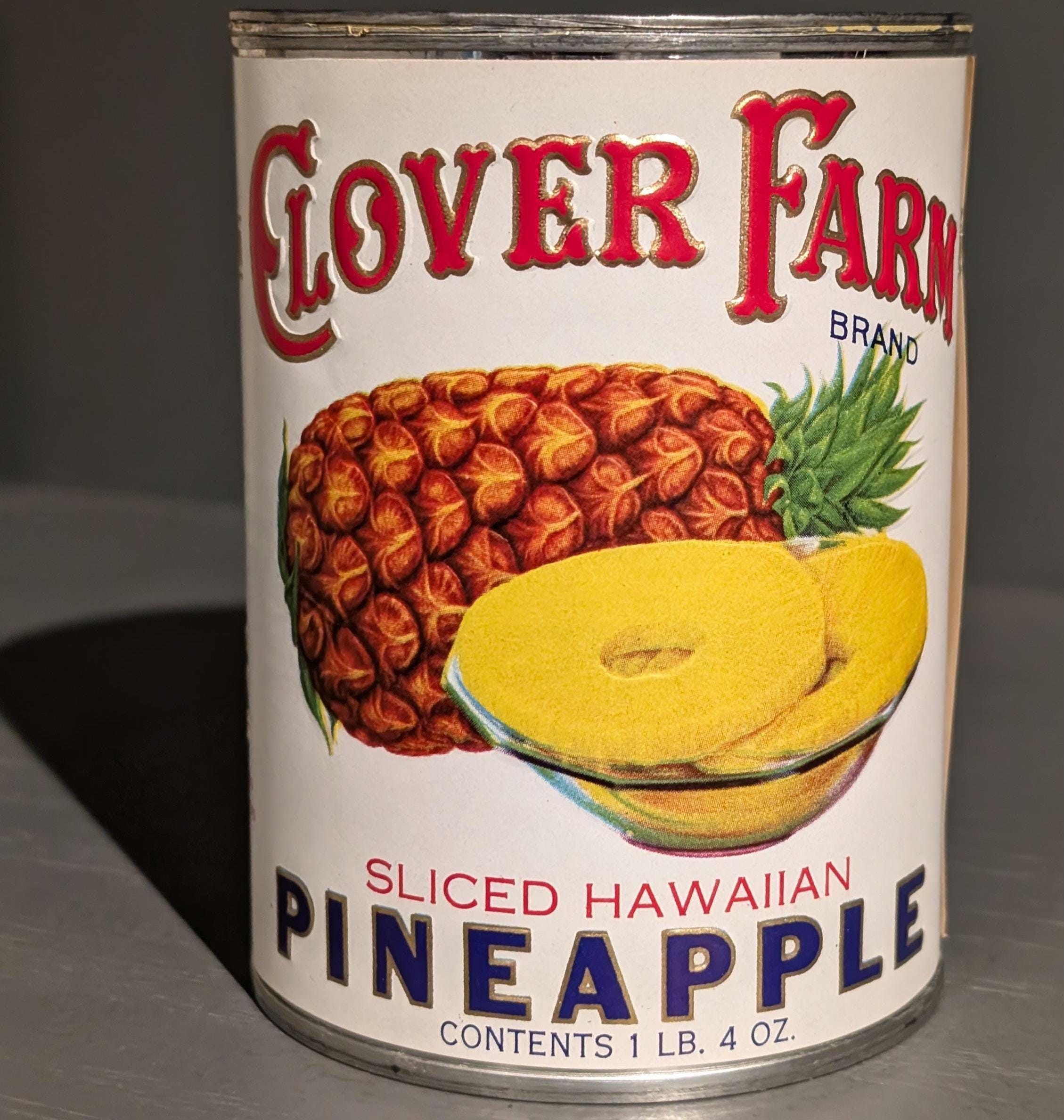 果物 oinri 1940's Clover Farm Sliced Pineapple Can Label on Can Kitchen
