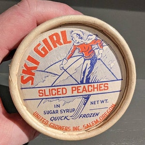 NOS 1940's 1930s Ski Girl Sliced Peaches Container Sealright - Old & Original - United Fruit, Salem Oregon