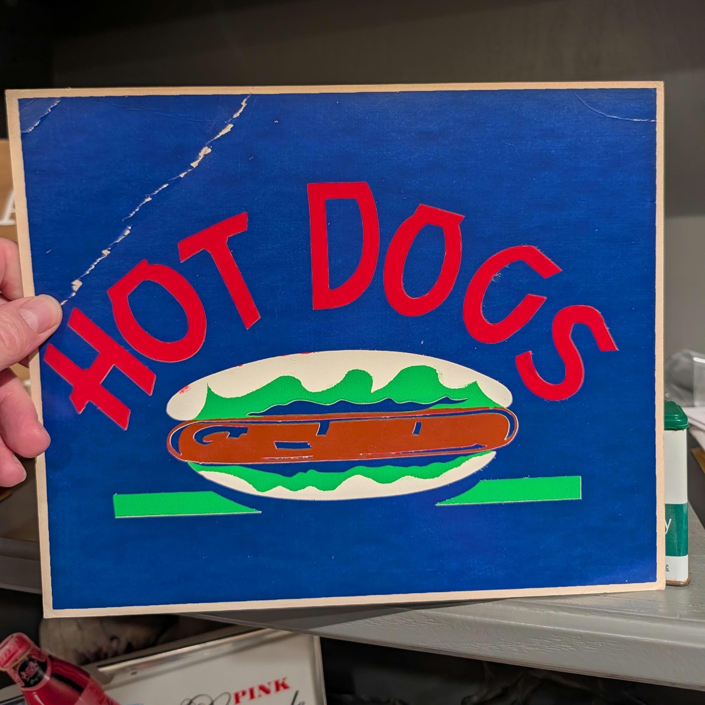 1950's Hot Dogs Diner Grocery Store Cardboard Sign Vintage