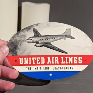Etichetta gommata Coast to Coast della United Airlines degli anni '40 - Vecchia e originale - Adesivo vintage da viaggio o valigia