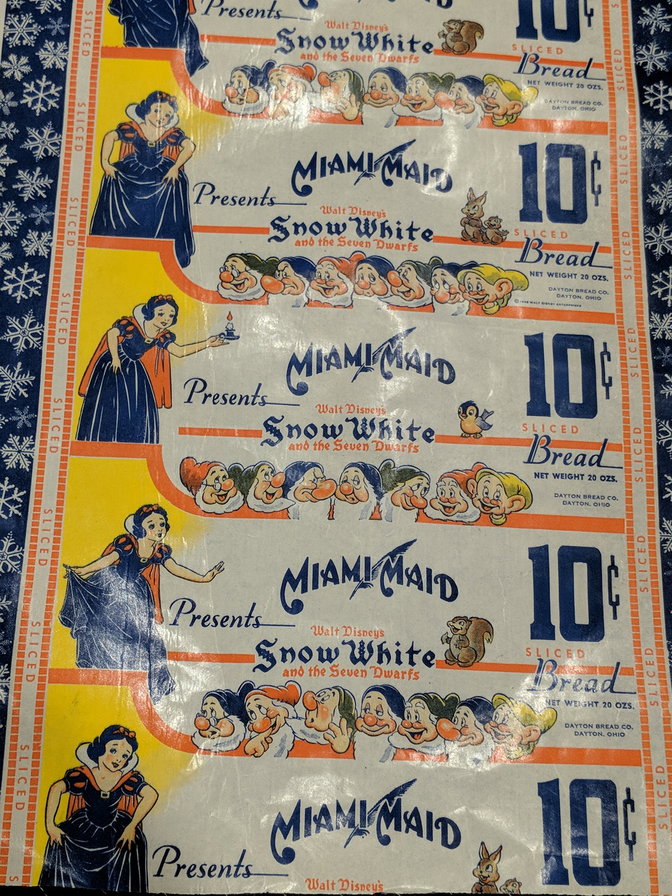 1938 Miami Maid Snow White Bread Wrapper Dayton Bread Co