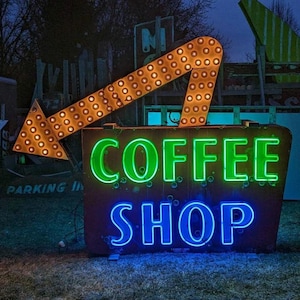Large Original 1940s/50s Coffee Shop Double Sided Porcelain Neon Sign - Vintage Neon Sign with large arrow