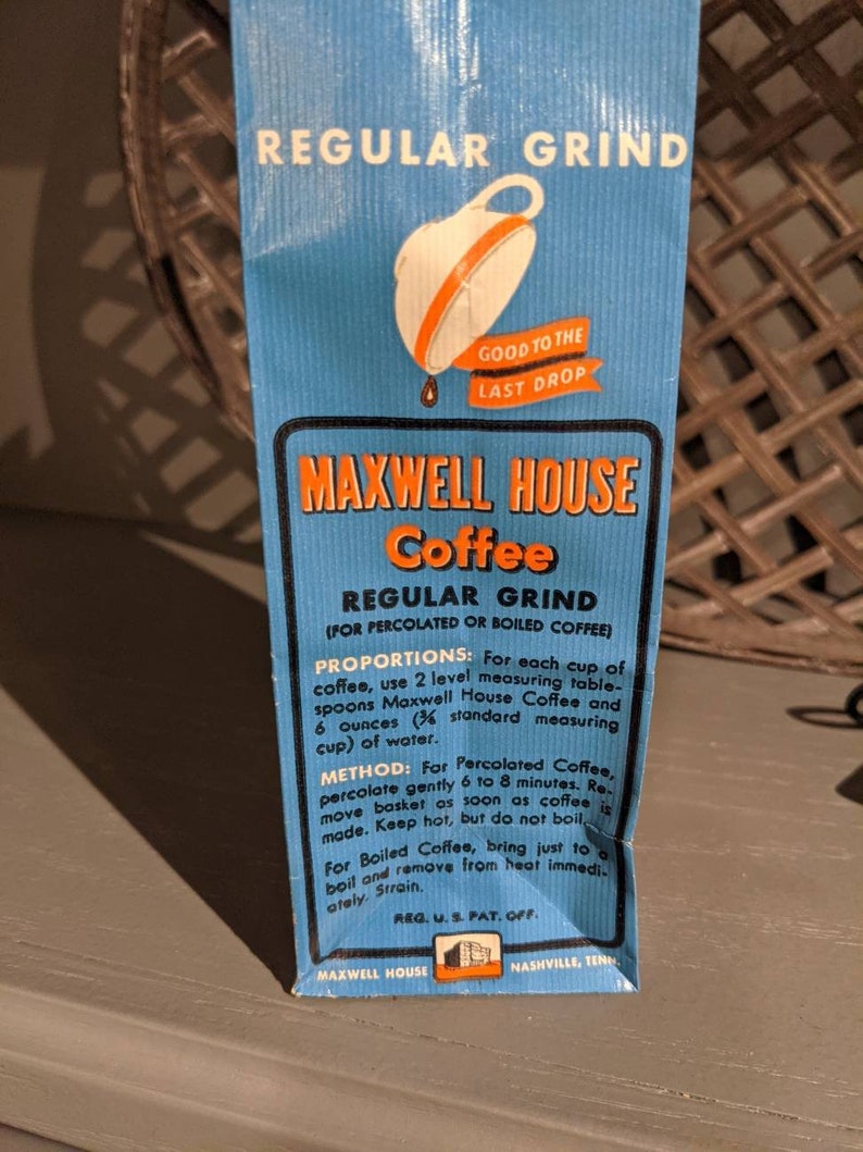 May include: A blue and white Maxwell House coffee bag with the text "Regular Grind" and "Good to the Last Drop". The bag also includes instructions for brewing coffee using a percolator or boiling method.
