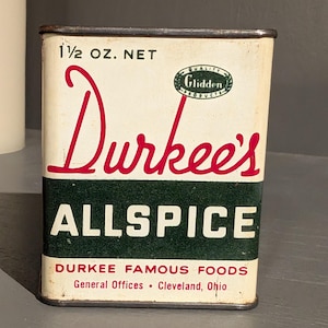 1950s Old & Original Durkee Allspice Spice Seasoning Metal Spice Tin Glidden