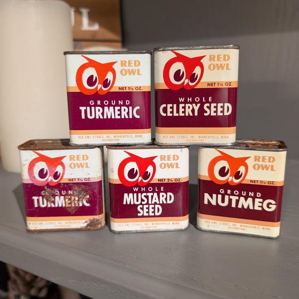 Old & Original 1940s Red Owl Spice - Vintage Red Owl Supermarkt KEUZE Kurkuma, selderijzaad, mosterd of nootmuskaat 1948