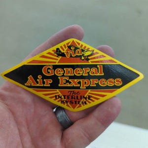 Etichetta gommata General Air Express degli anni '30 - Vecchia e originale - Adesivo vintage da viaggio o valigia