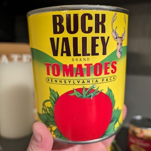 1960&#39;s Buck Valley Tomatoes can label on can Original Vintage Buck Valley, Amaranth, Pennsylvania