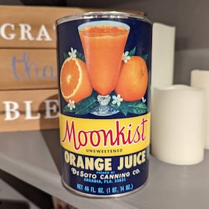 1960&#39;s Moonkist Orange Juice can label on can Kitchen Products De Soto Canning Company Original Vintage Arcadia, Florida