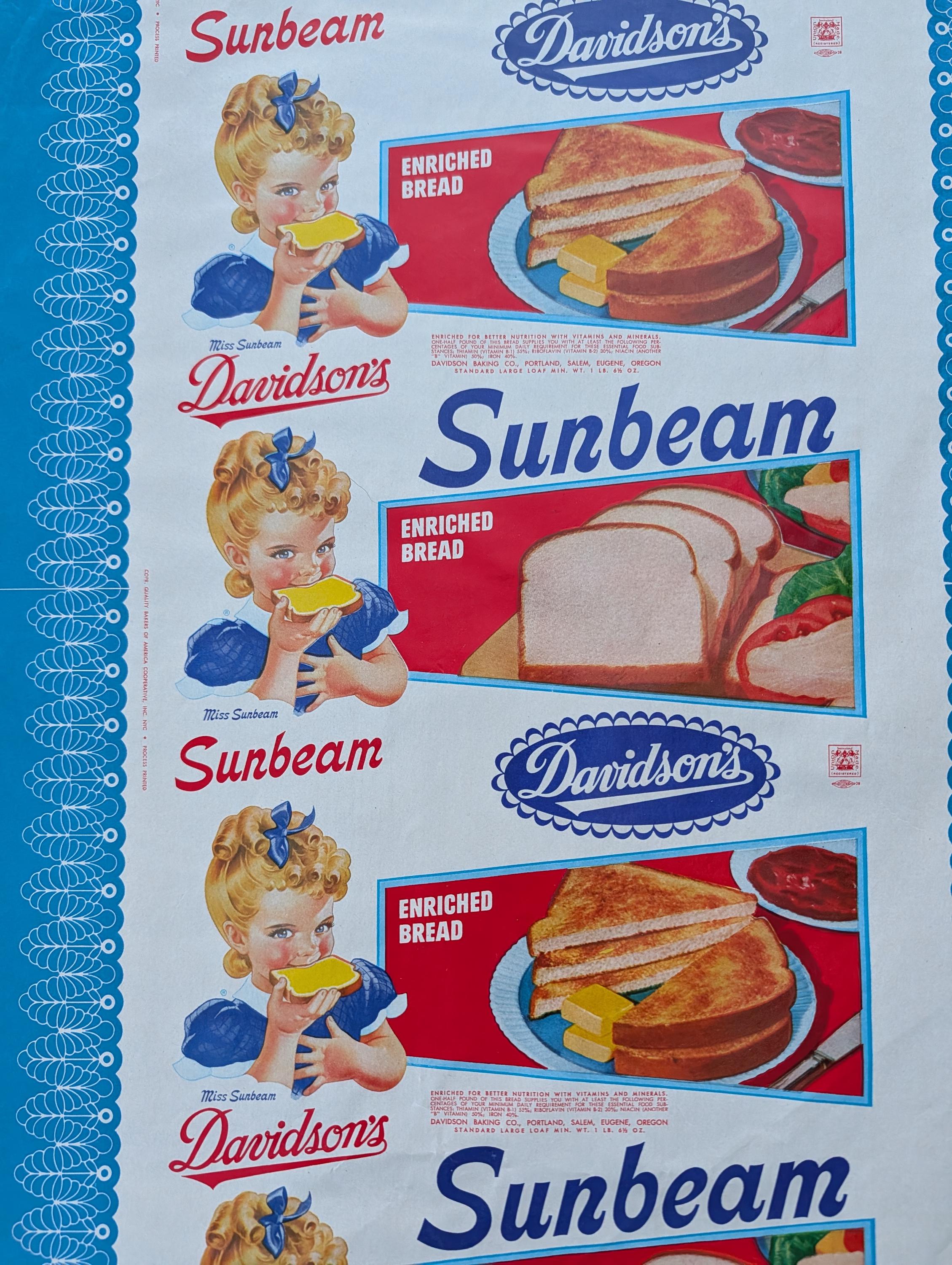 【SALE】海外雑貨　レア　sunbeam パン包み　ビニールシート　100柄 1950's Davidson's Bakers Sunbeam Bread Wrapper - Display Loaf