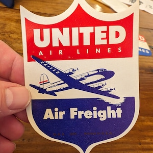 Etichetta gommata per trasporto aereo United Airlines anni '50 - Vecchia e originale - Decalcomania vintage per viaggio o valigia