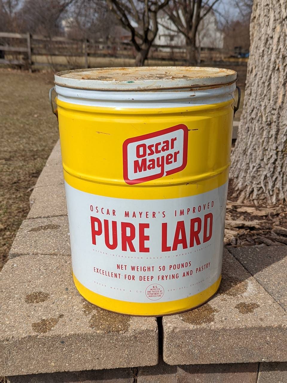 Large, 50lb Size 1950s/60's Oscar Mayer . Pure Lard Tin Can Bucket