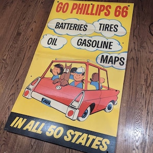 LARGE Old & Original 1968 Phillips 66 Gas Station Road Trip Sign Cardboard vintage decor