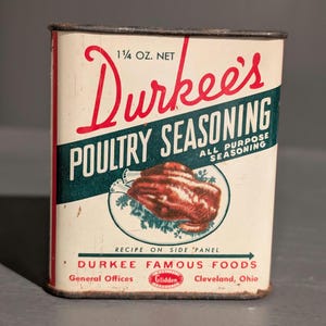 1940s Old & Original Durkee Poultry Seasoning Leaves Spice Seasoning Metal Spice Tin - Turkey